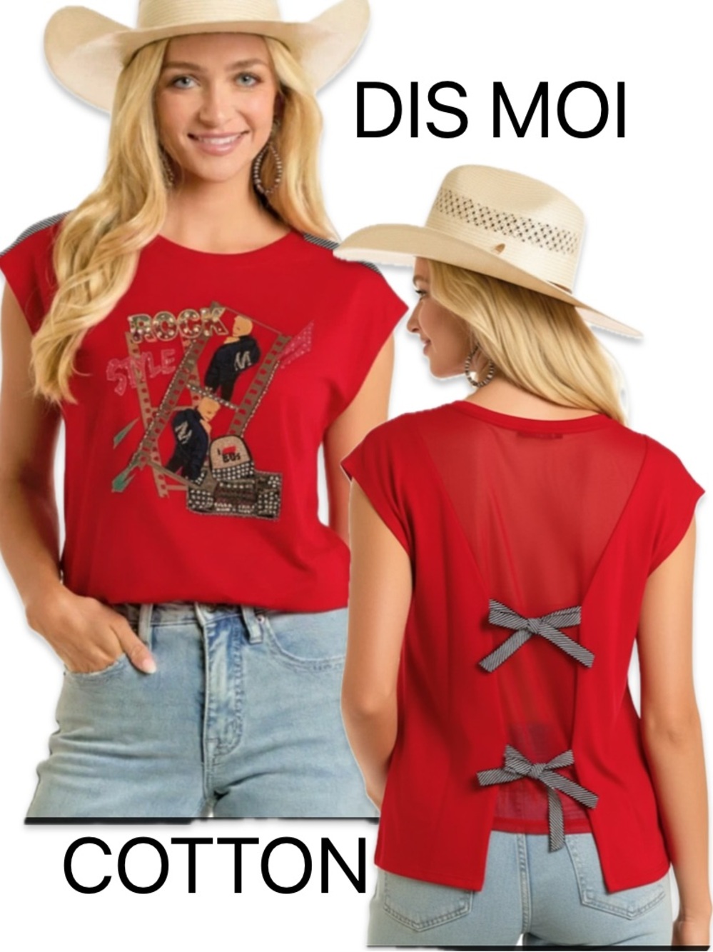 DIS MOI Italy Red Rock Style 80s Studded Tee Sheer Open Ribbon Bow Back M